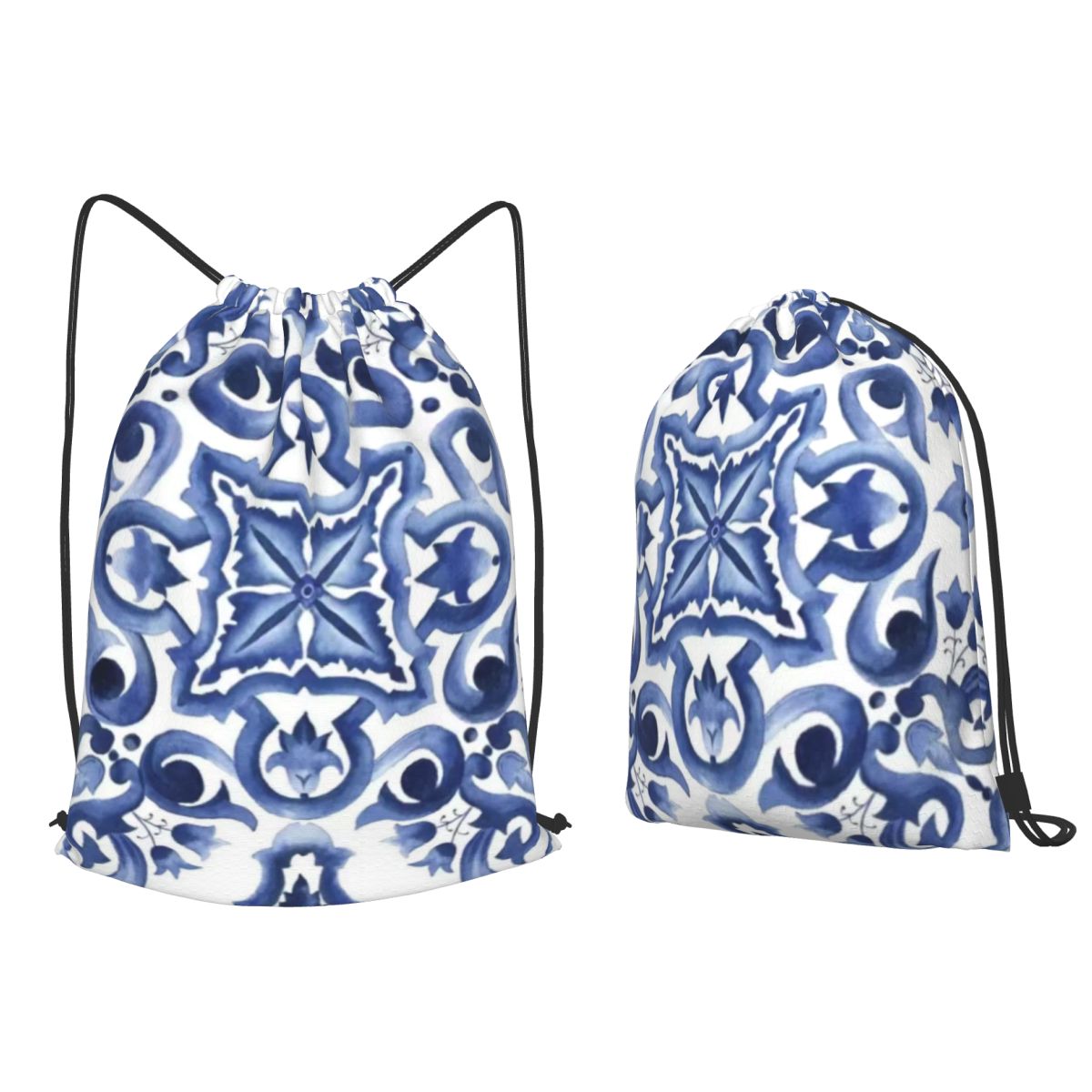 Tile Bag Drawstring - ブルーの華やかな花柄地中海シチリアタイルバックパック多機能巾着バッグ収納バッグ旅行学校用ブックバッグ