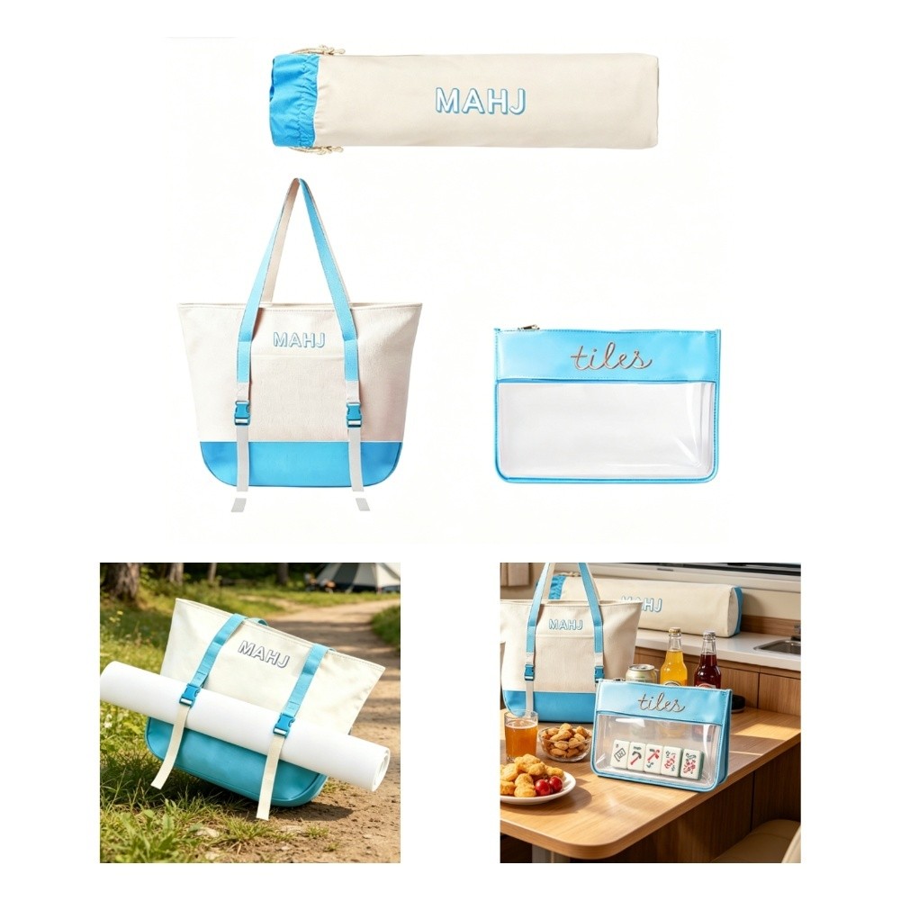 Tile Bag Drawstring - 麻雀アクセサリーバッグセット：キャンバストートバッグ、透明ジッパーポーチ、麻雀牌整理用巾着袋、旅行用