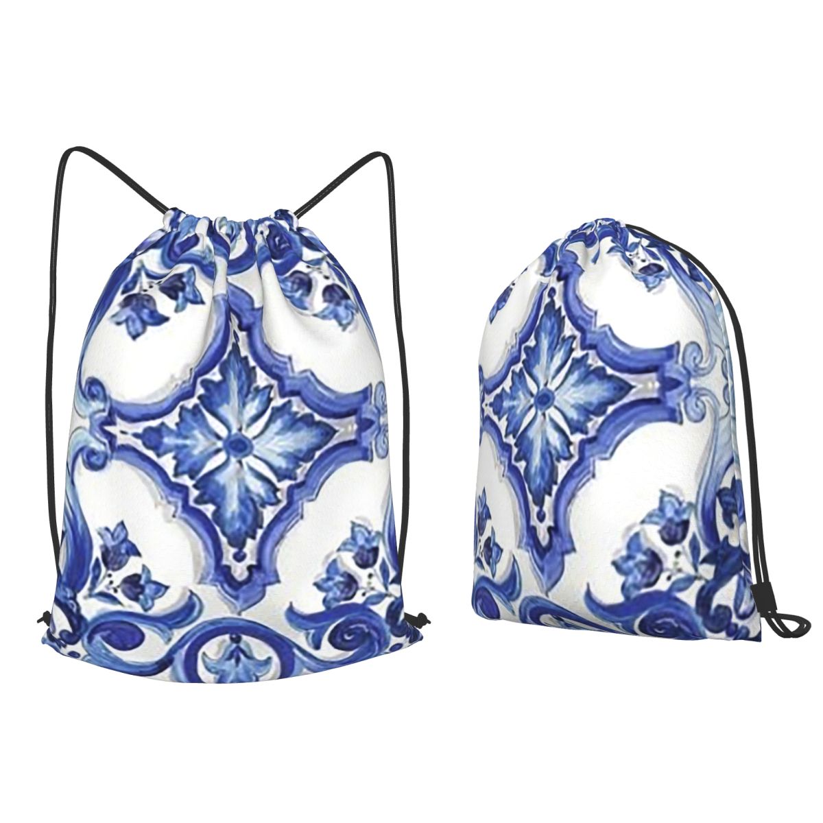 Tile Bag Drawstring - ブルーの華やかな花柄地中海シチリアタイルバックパックカジュアル巾着バンドルブックバッグ男性女性学校用