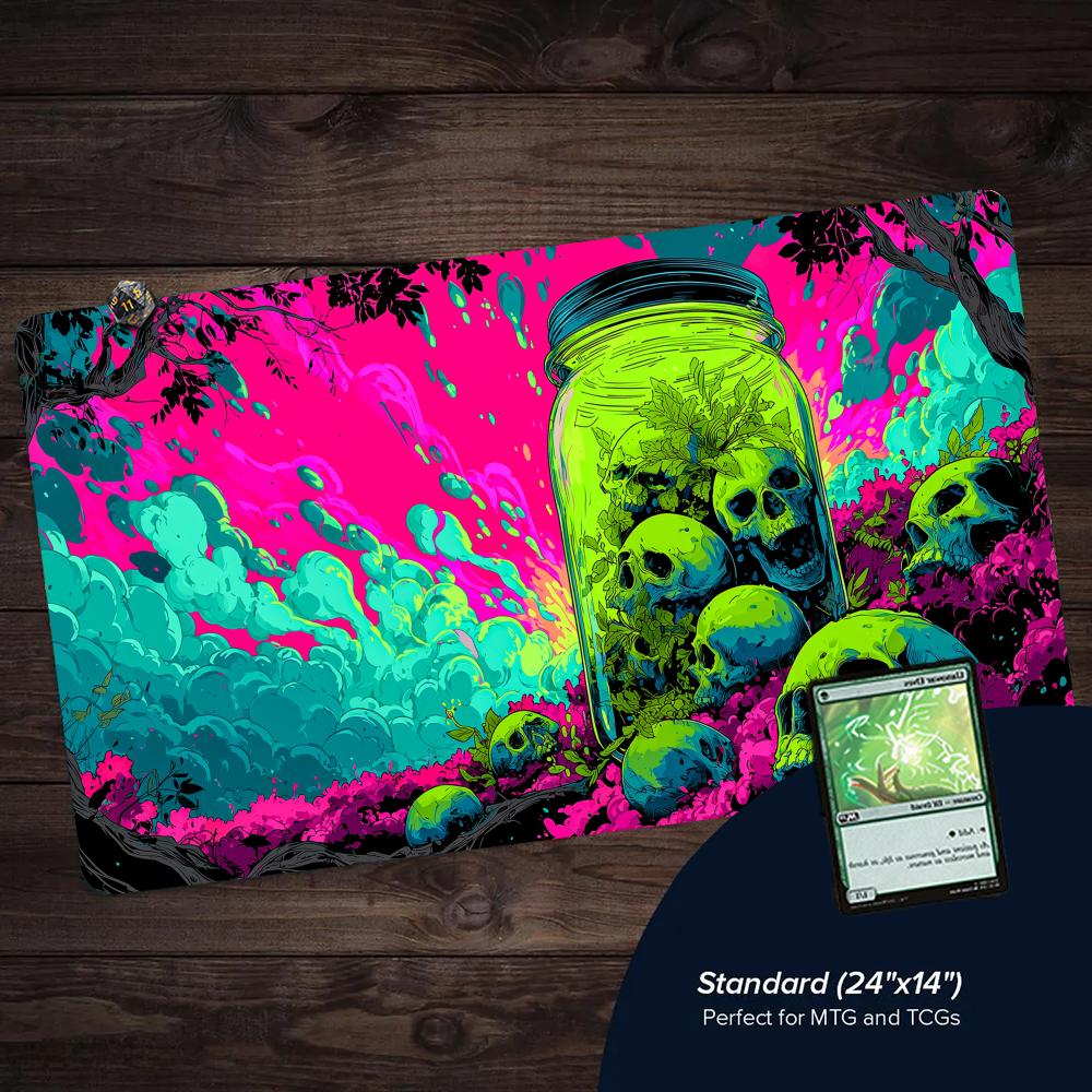 Play Mat Neoprene - ネオンジャングルとスカルボトル TCG プレイマット マジックカードマット ステッチエッジ 滑り止め加工