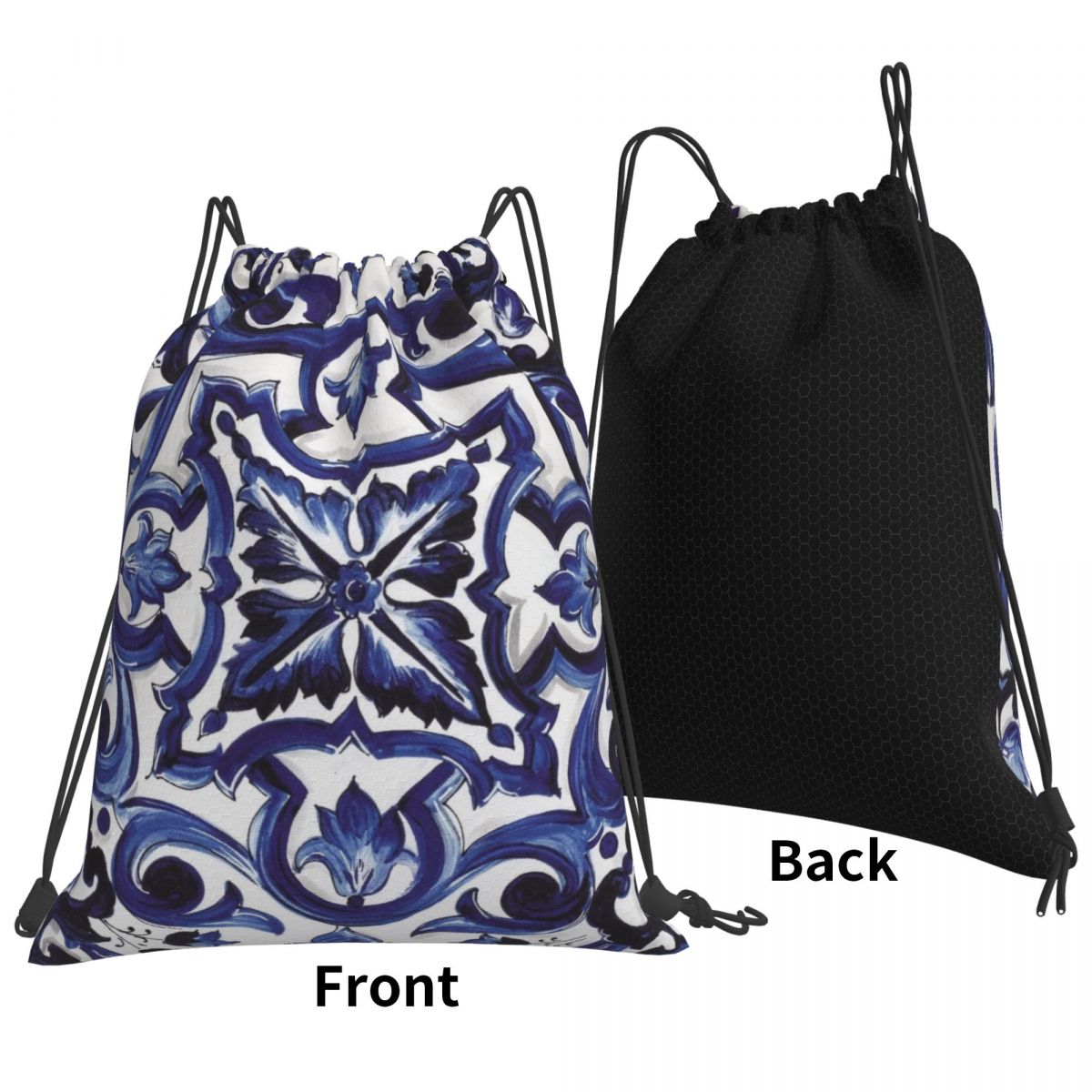 Tile Bag Drawstring - ブルー華やかな花柄地中海シチリアタイルバックパックファッション巾着バッグ収納バッグブックバッグ旅行学校用