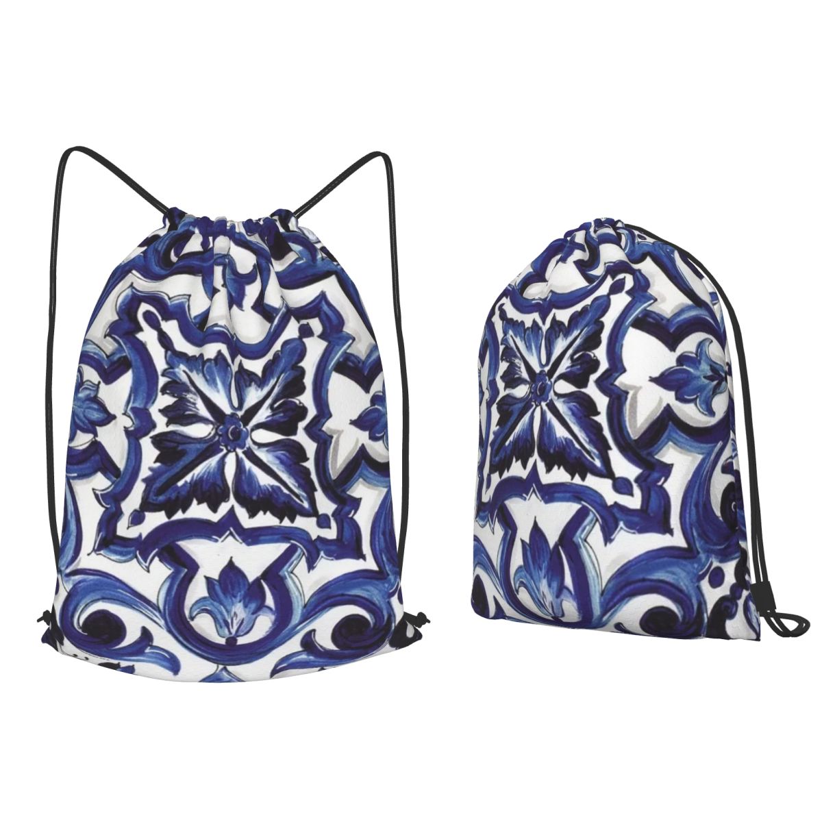 Tile Bag Drawstring - ブルーの華やかな花柄地中海シチリアタイルバックパックファッション巾着バッグ雑貨バッグ旅行学校用ブックバッグ