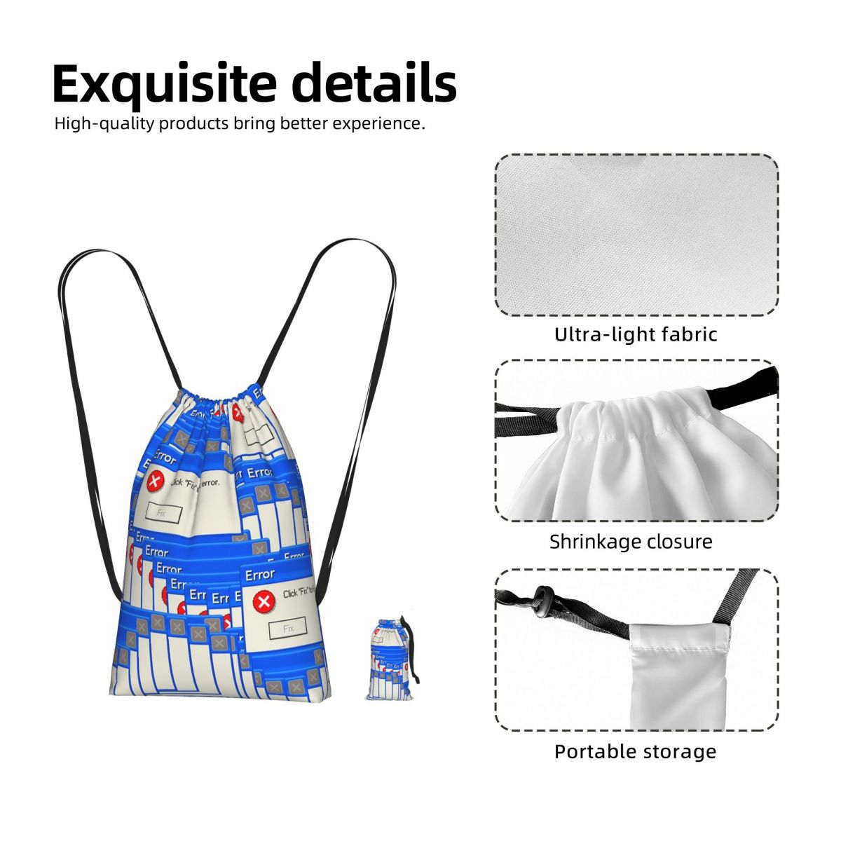 Tile Bag Drawstring - Windows XPエラー柄タイル柄巾着バックパック スポーツジムバッグ ポータブルトラベル巾着バッグ 男女兼用