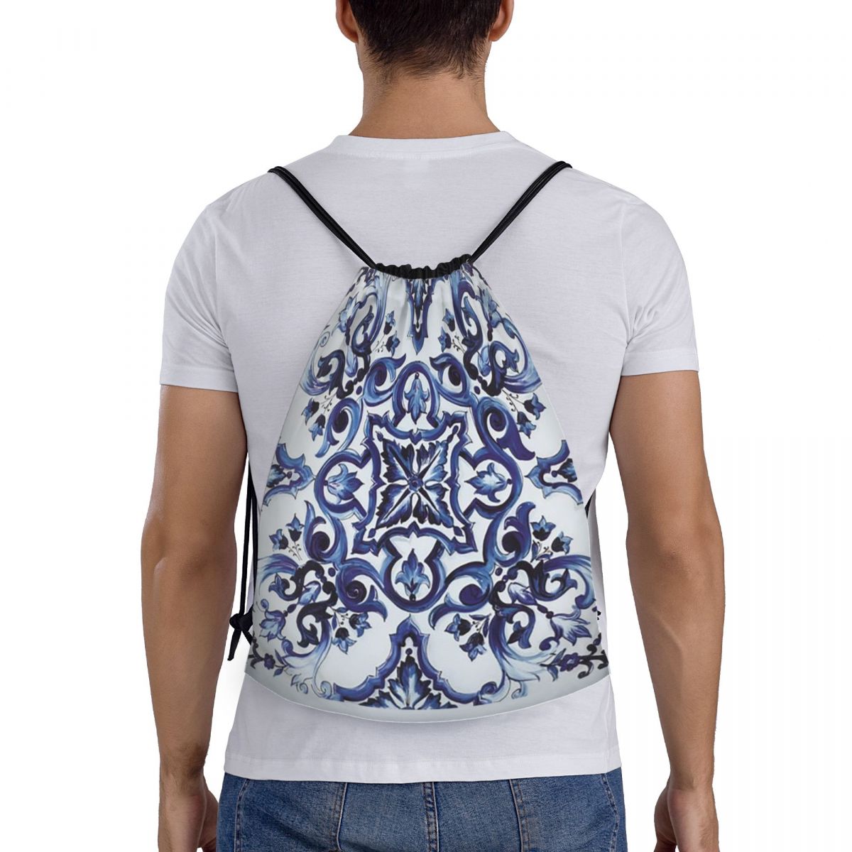 Tile Bag Drawstring - ブルーの華やかな花柄地中海シチリアタイルバックパックカジュアル巾着バンドルポケット雑貨バッグブックバッグ