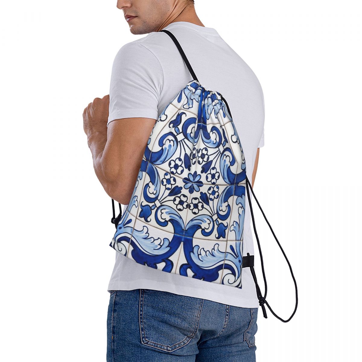 Tile Bag Drawstring - アンティーククラシックリスボンブルーアズレホタイル花柄バックパックファッション巾着バッグ靴バッグブックバッグ旅行学校用