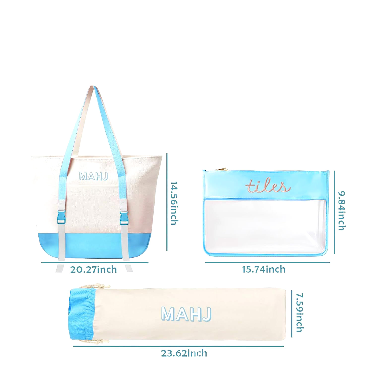 Tile Bag Drawstring - 麻雀牌用キャンバストートバッグセット、透明ジッパー付きポーチとラックプッシャー、アクセサリー用巾着袋付き