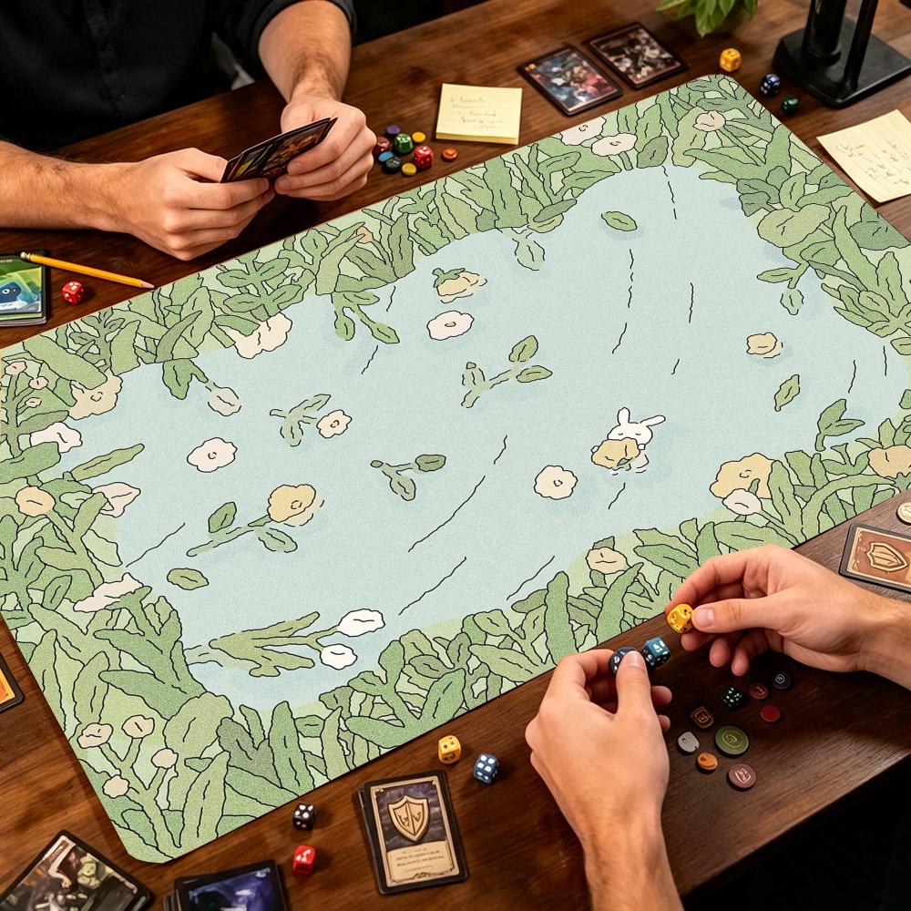 Play Mat Neoprene - かわいいウサギの池、緑の植物、花柄のカードゲームプレイマット、新鮮な漫画風、大型TCGプレイマット、縫い目のあるエッジ、滑り止めテーブルマット