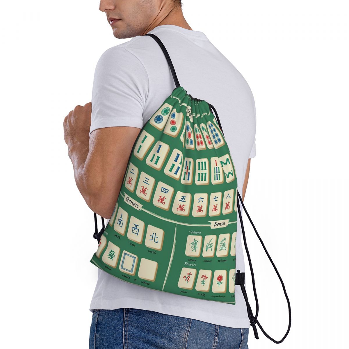 Tile Bag Drawstring - 麻雀牌柄バックパックポータブル巾着バッグ雑貨バッグブックバッグ男性女性学生用