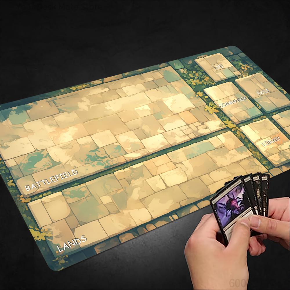 Play Mat Neoprene - レトロな石レンガ柄のMTGプレイマット、縁が縫い付けられた滑り止めテーブルトッププレイマット、TCG用ボードゲームマット