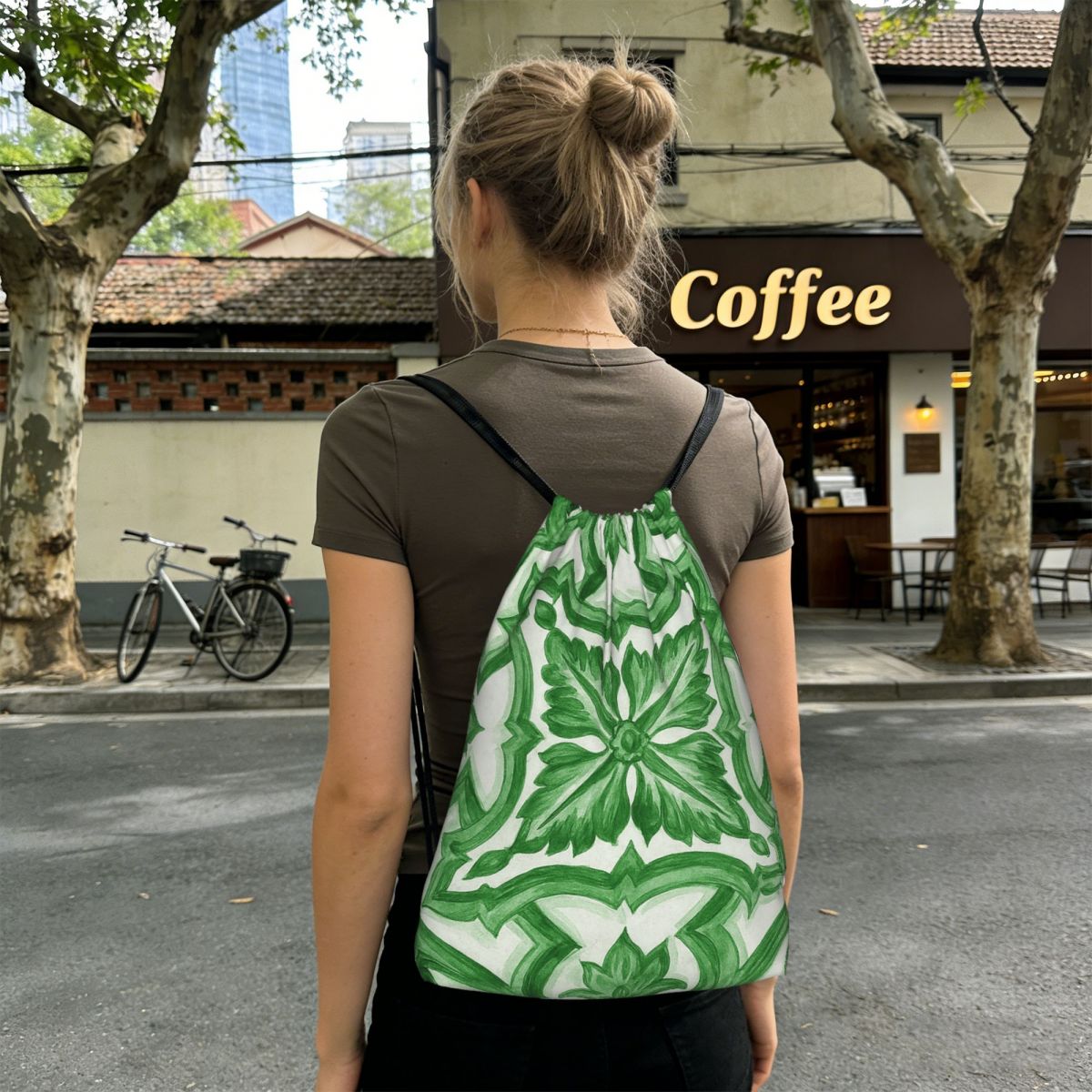 Tile Bag Drawstring - グリーンの華やかな花柄地中海シチリアタイルバックパック巾着バンドルポケットスポーツバッグブックバッグ男性女性学校用