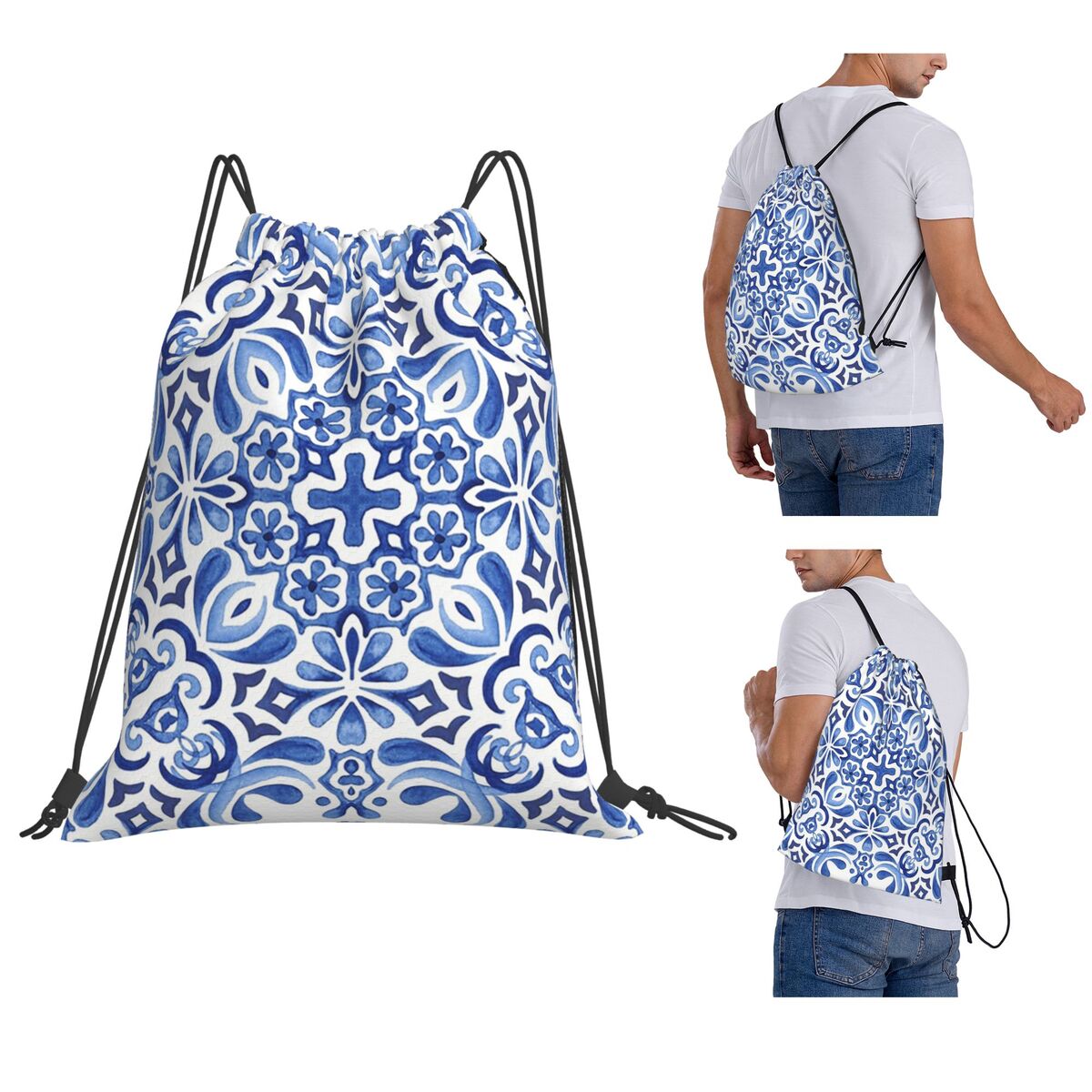 Tile Bag Drawstring - 地中海モザイクタイル アズレホス バックパック カジュアル巾着バンドルポケット スポーツバッグ 旅行用スクールバッグ