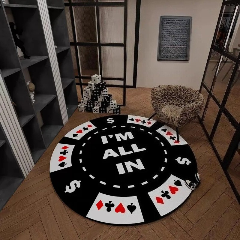 Board Game Hotel - オールインマジックポーカーカード柄の丸型ラグ、滑り止めフロアマット、リビングルーム、寝室、バスルーム、別荘の装飾に最適
