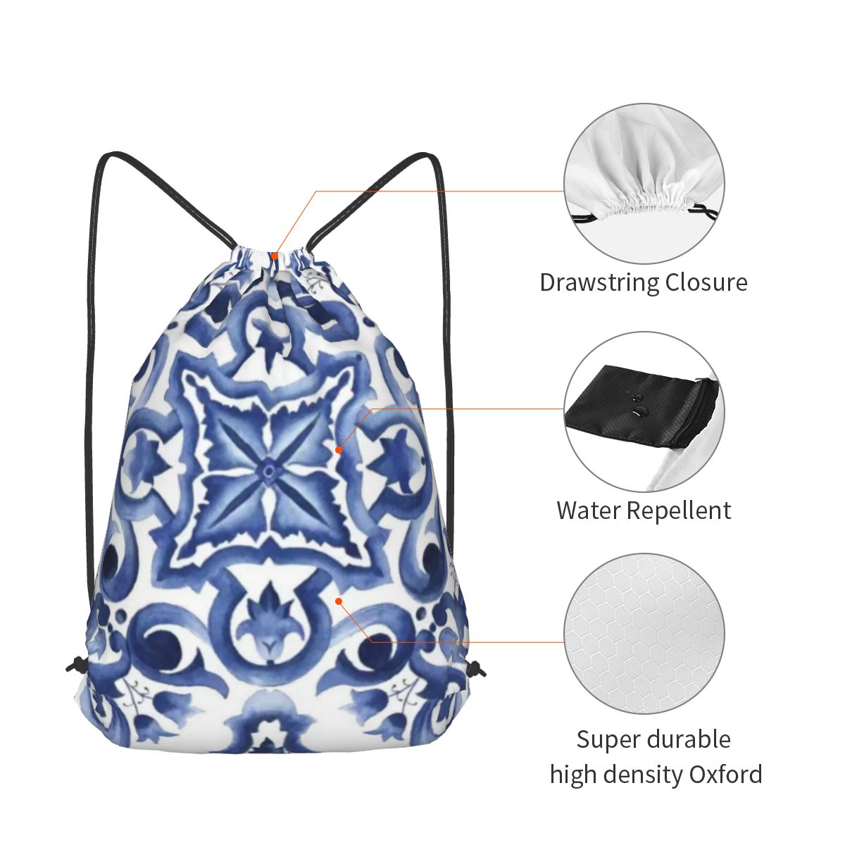 ブルーの華やかな花柄地中海シチリアタイルバックパック多機能巾 - Tile Bag Drawstring のレビューと価格