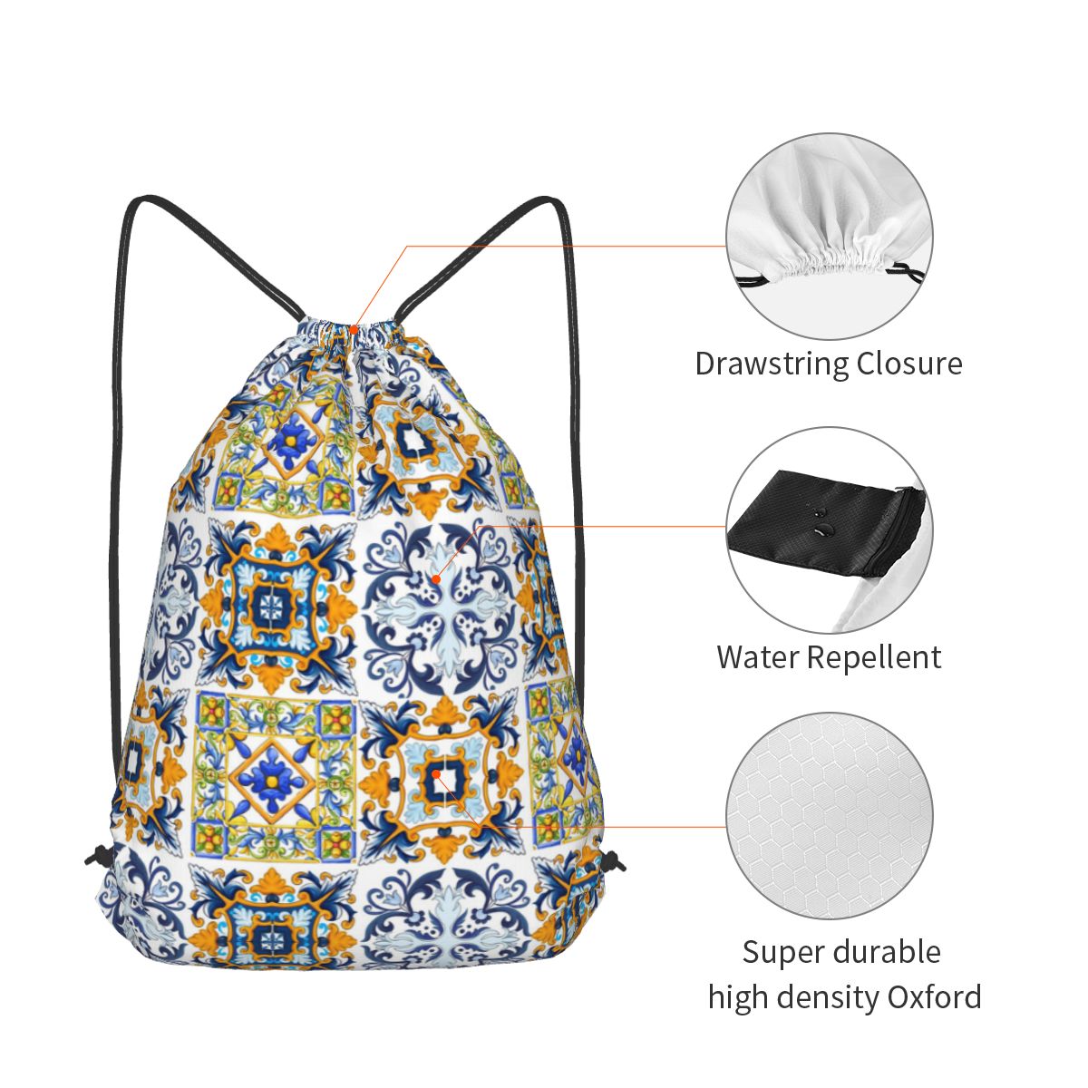 シチリアタイルのコピー、地中海、モザイク、装飾的なバックパッ - Tile Bag Drawstring のレビューと価格