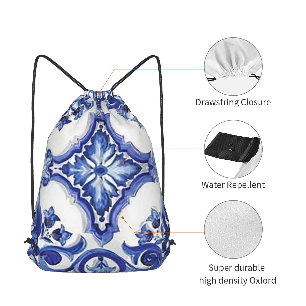 ブルーの華やかな花柄地中海シチリアタイルバックパックカジュア - Tile Bag Drawstring のレビューと価格