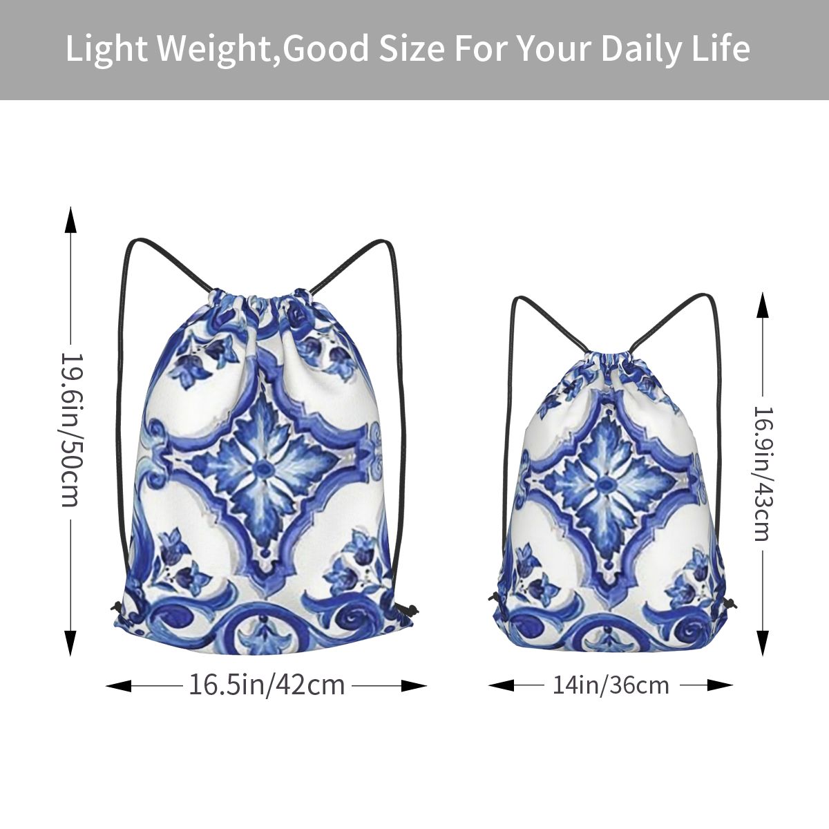 ブルーの華やかな花柄地中海シチリアタイルバックパックカジュア - Tile Bag Drawstring のレビューと価格