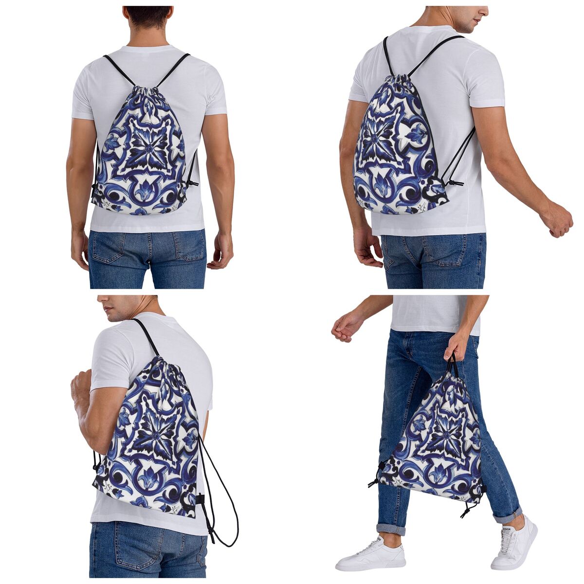 ブルー華やかな花柄地中海シチリアタイルバックパックファッショ - Tile Bag Drawstring のレビューと価格