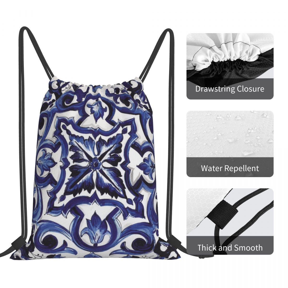 ブルー華やかな花柄地中海シチリアタイルバックパックファッショ - Tile Bag Drawstring のレビューと価格