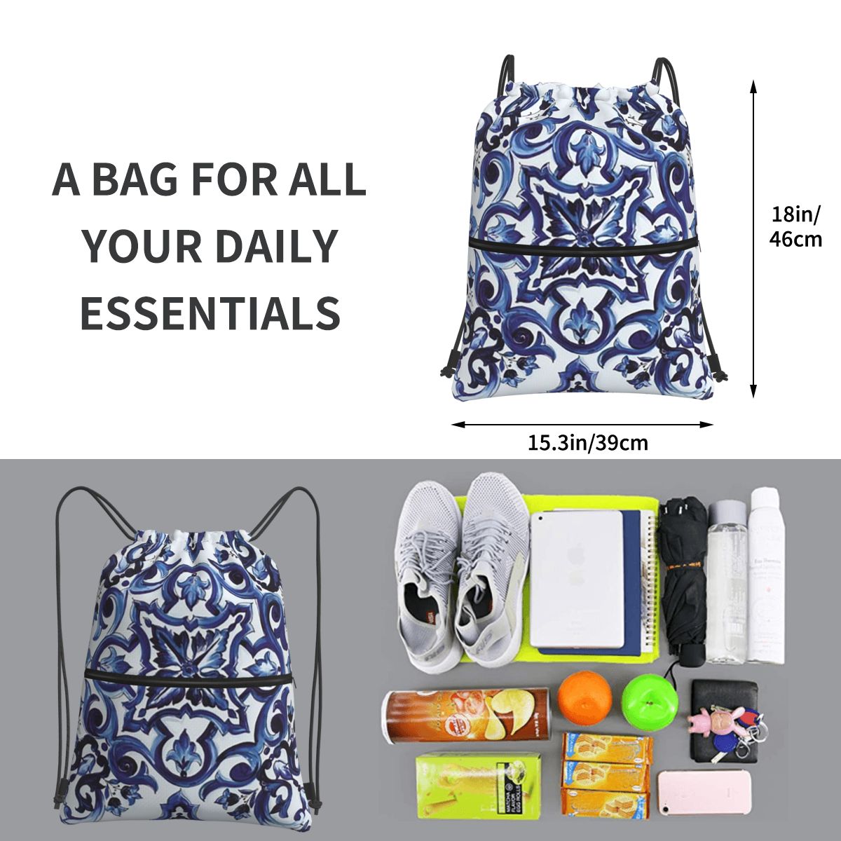 ブルー装飾花柄地中海シチリアタイルバックパックポータブル巾着 - Tile Bag Drawstring のレビューと価格