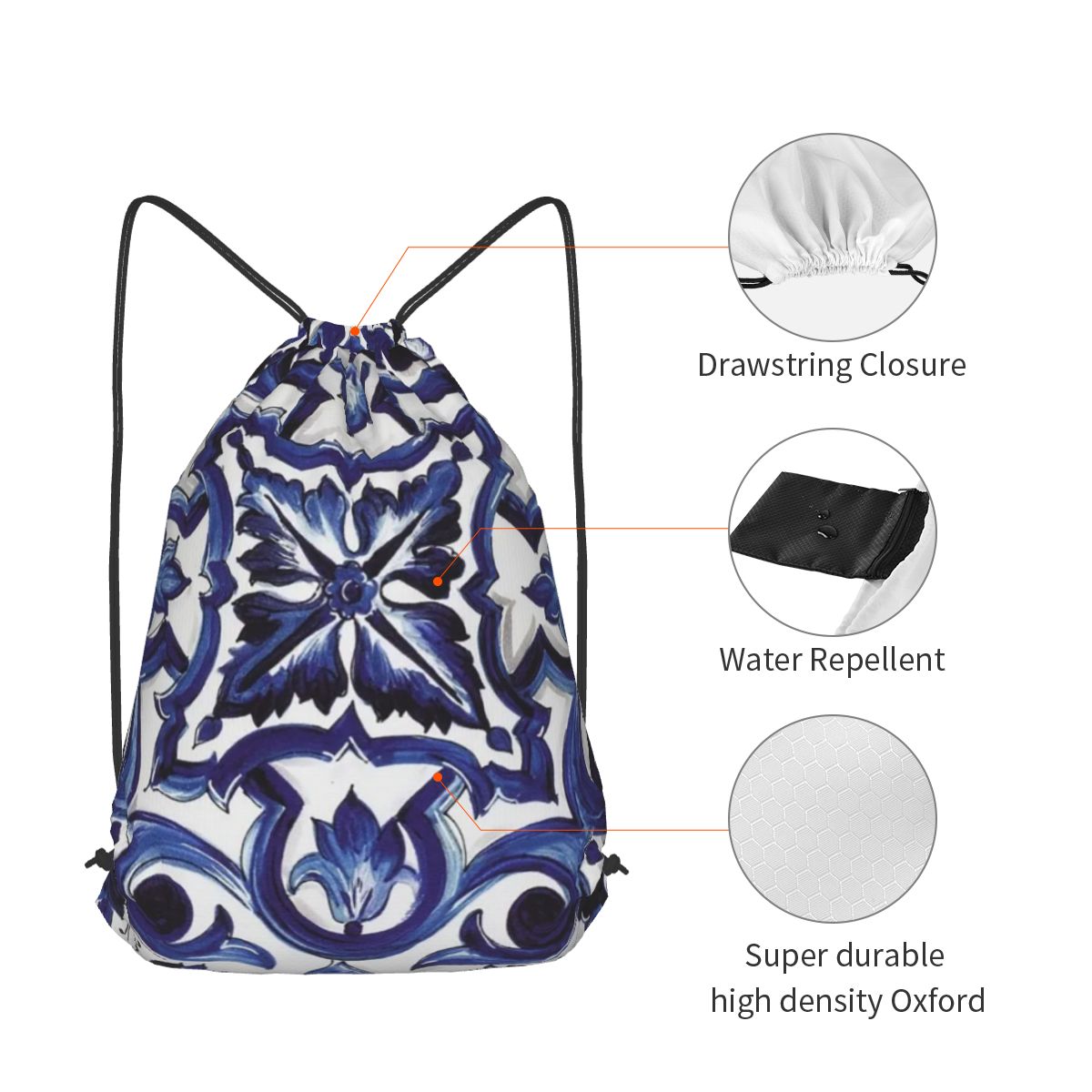 ブルーの華やかな花柄地中海シチリアタイルバックパックファッシ - Tile Bag Drawstring のレビューと価格