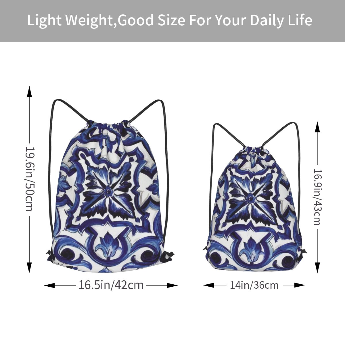 ブルーの華やかな花柄地中海シチリアタイルバックパックファッシ - Tile Bag Drawstring のレビューと価格