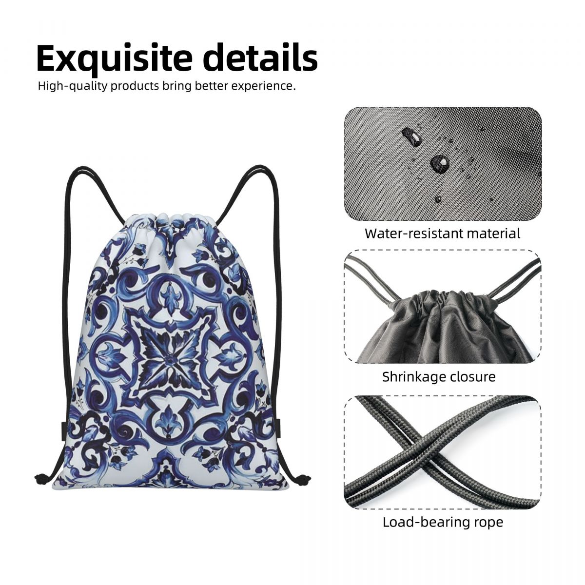 ブルーの華やかな花柄地中海シチリアタイルバックパックカジュア - Tile Bag Drawstring のレビューと価格