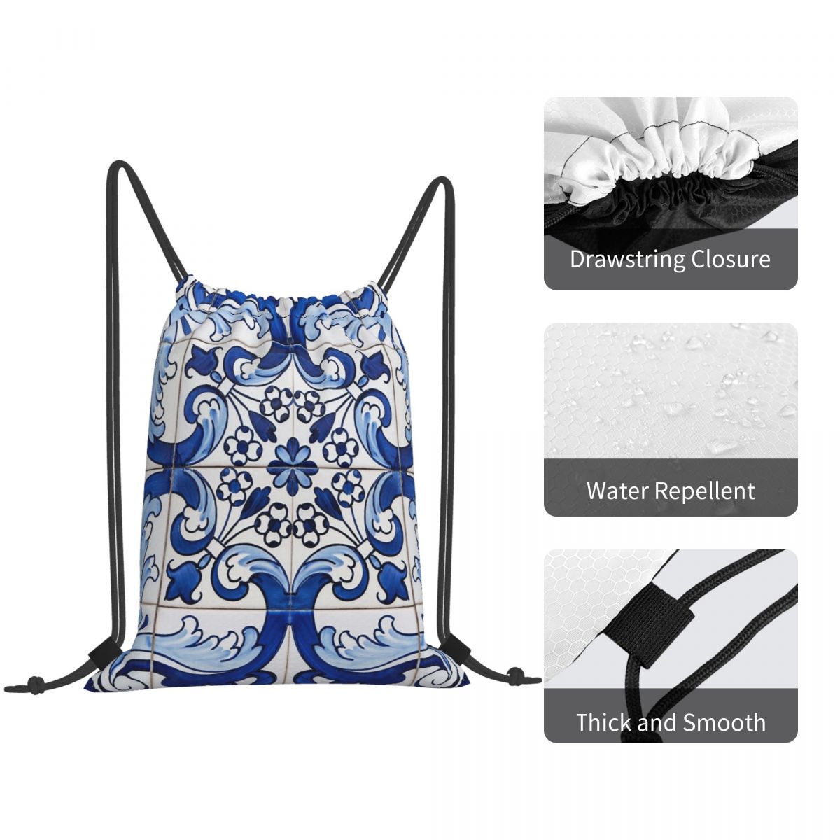 アンティーククラシックリスボンブルーアズレホタイル花柄バック - Tile Bag Drawstring のレビューと価格