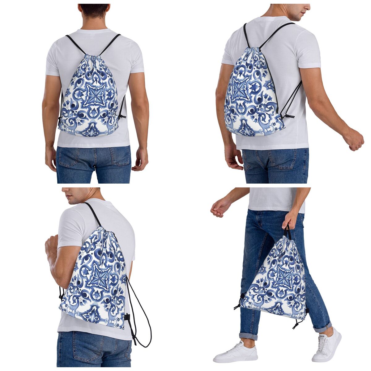 ブルー華やかな花柄地中海シチリアタイルバックパックポータブル - Tile Bag Drawstring のレビューと価格