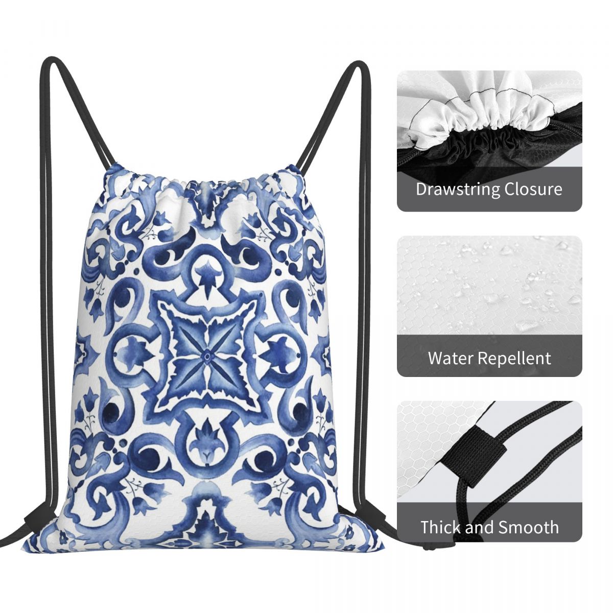 ブルー華やかな花柄地中海シチリアタイルバックパックポータブル - Tile Bag Drawstring のレビューと価格