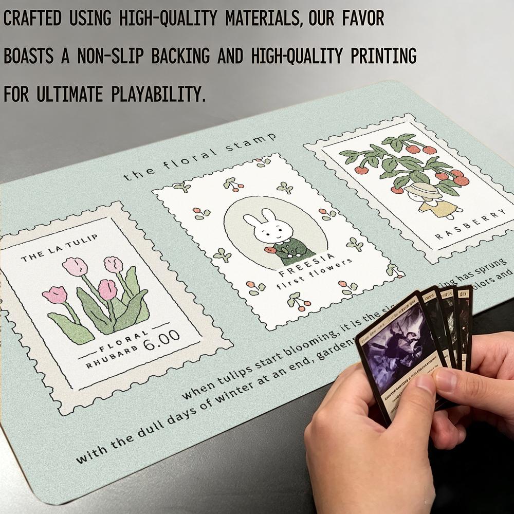 かわいいウサギの池、緑の植物、花柄のカードゲームプレイマット - Play Mat Neoprene のレビューと価格