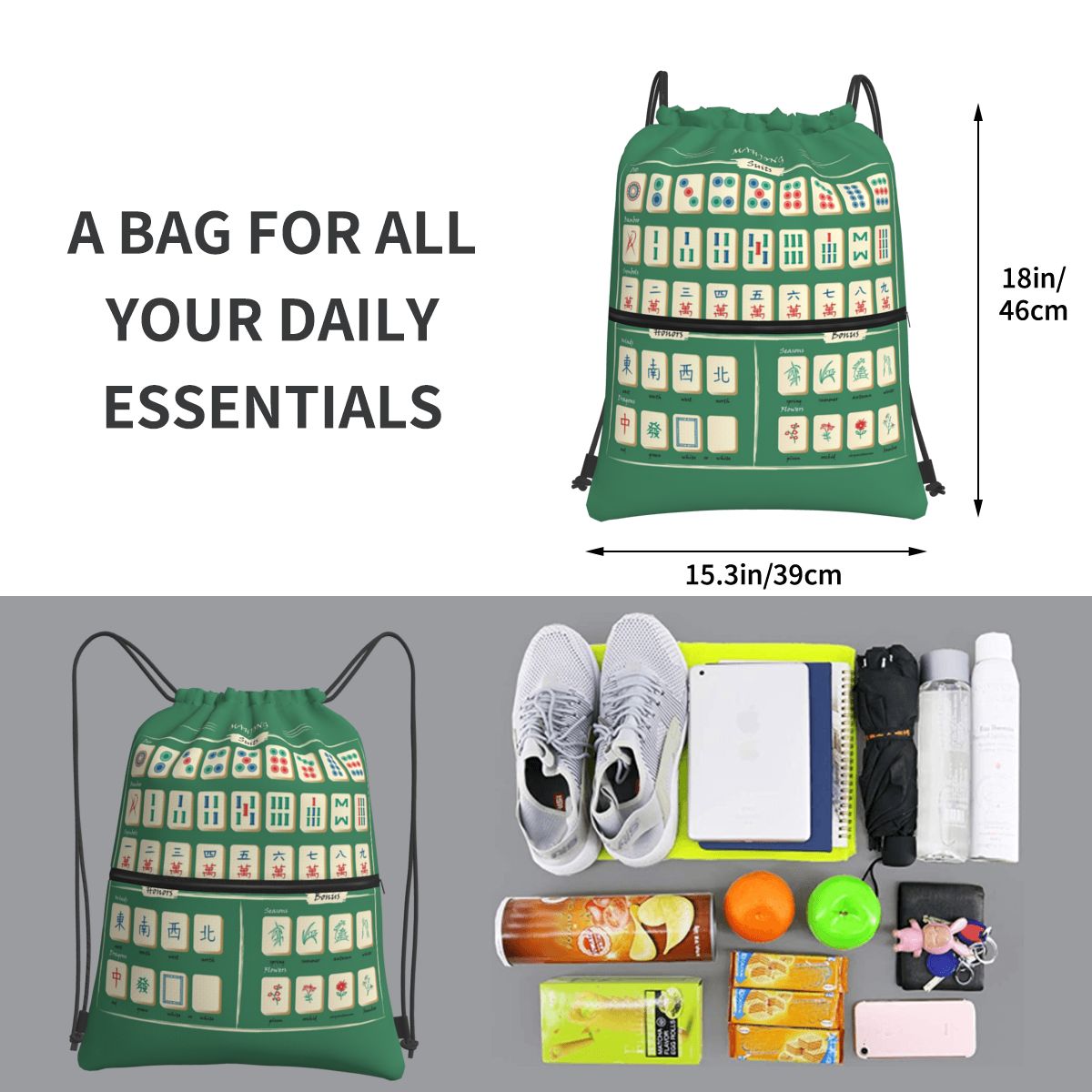 麻雀牌模様のバックパック カジュアル巾着バンドルポケット シ - Tile Bag Drawstring のレビューと価格