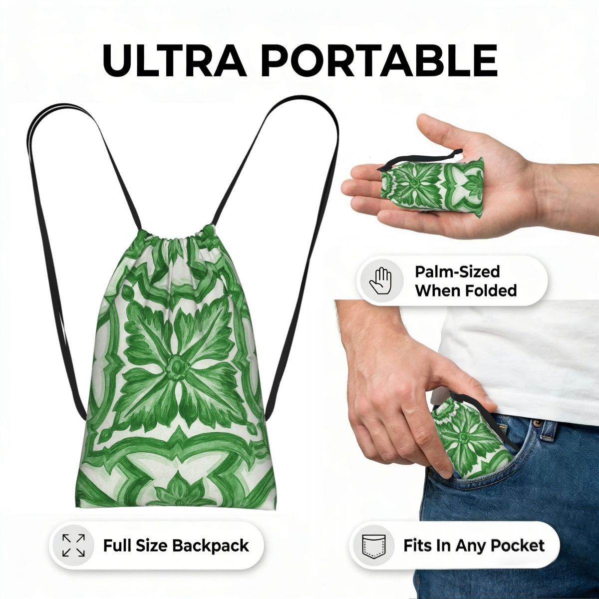 グリーンの華やかな花柄地中海シチリアタイルバックパック巾着バ - Tile Bag Drawstring のレビューと価格